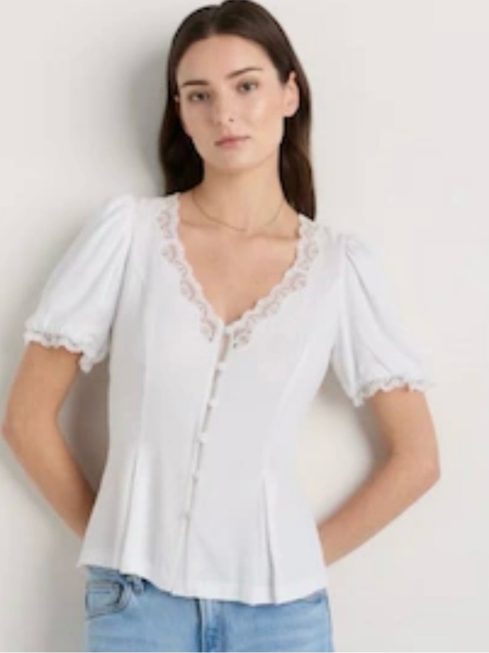 Quince White Lace-Trim V-Neck Button Front Puff Sleeve Top - Picture 2 of 3